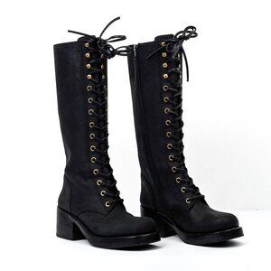 Jeffrey Campbell Wmn Tyr Black Leather Vintage Retro Square Toe Lace Boots sz 5